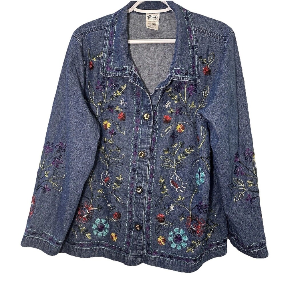 Heavy Embroidered Floral Denim Jacket Shirt Women’s XL Boho Cotton Button Front